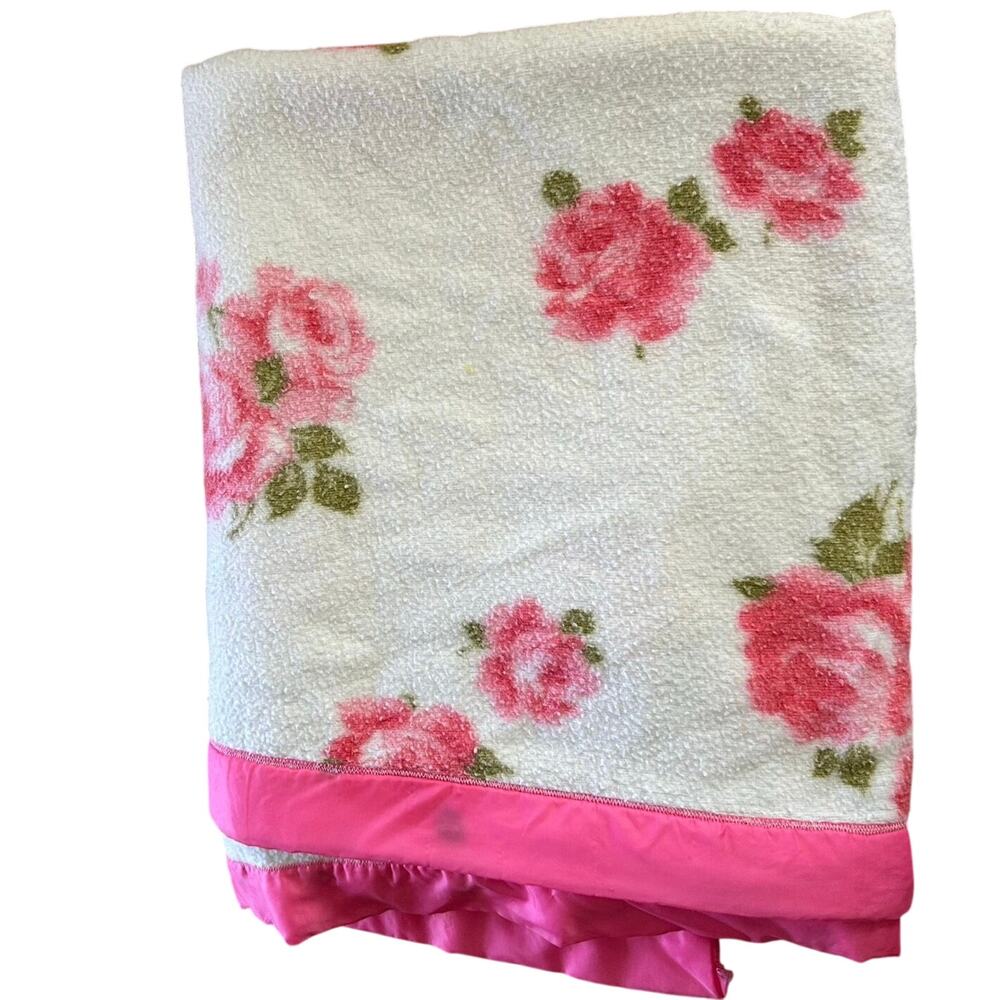 Vintage Fieldcrest Melody Rose Blanket Pink Satin Ribbon MCM Twin USA